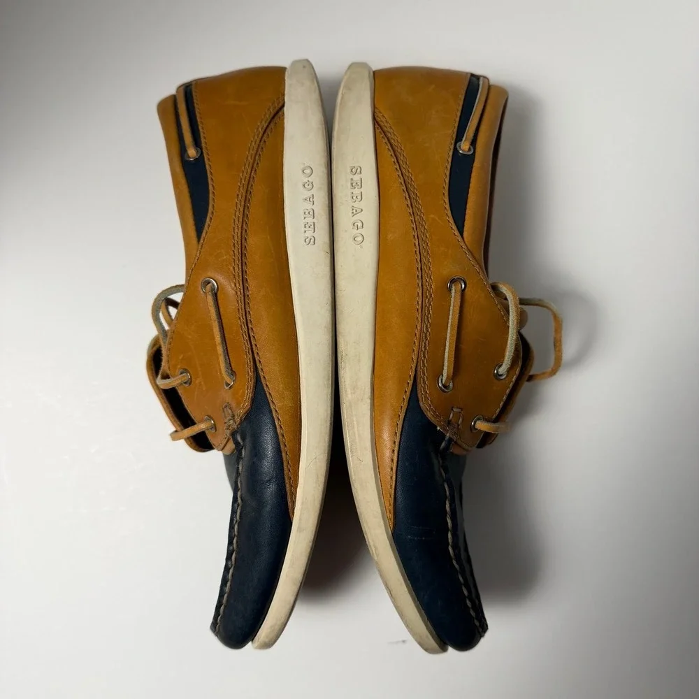 Sebago Dockside Boat Shoes Womens 10 Navy Tan Leather Preppy Nautical Old Money